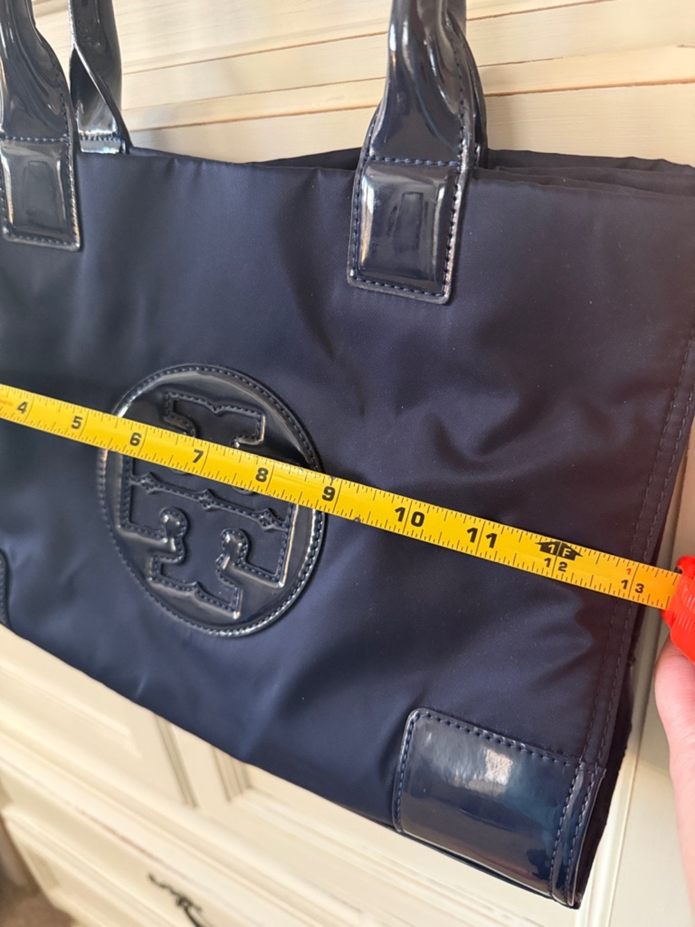 Tory Burch Navy Logo Tote with Patent Handles - Picture 6 of 6